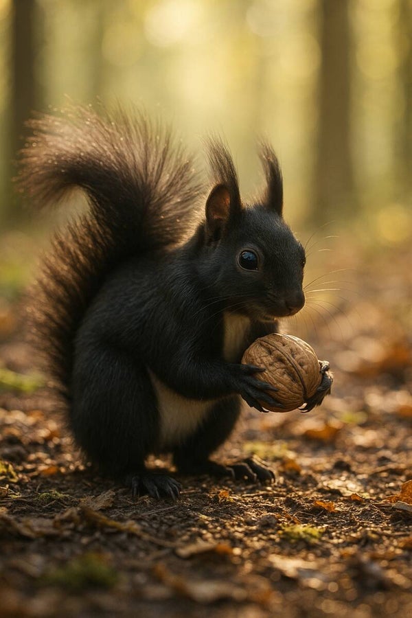Schwarzes Eichhörnchen mit Walnuss – Fotorealistisches Naturposter (Eich2)