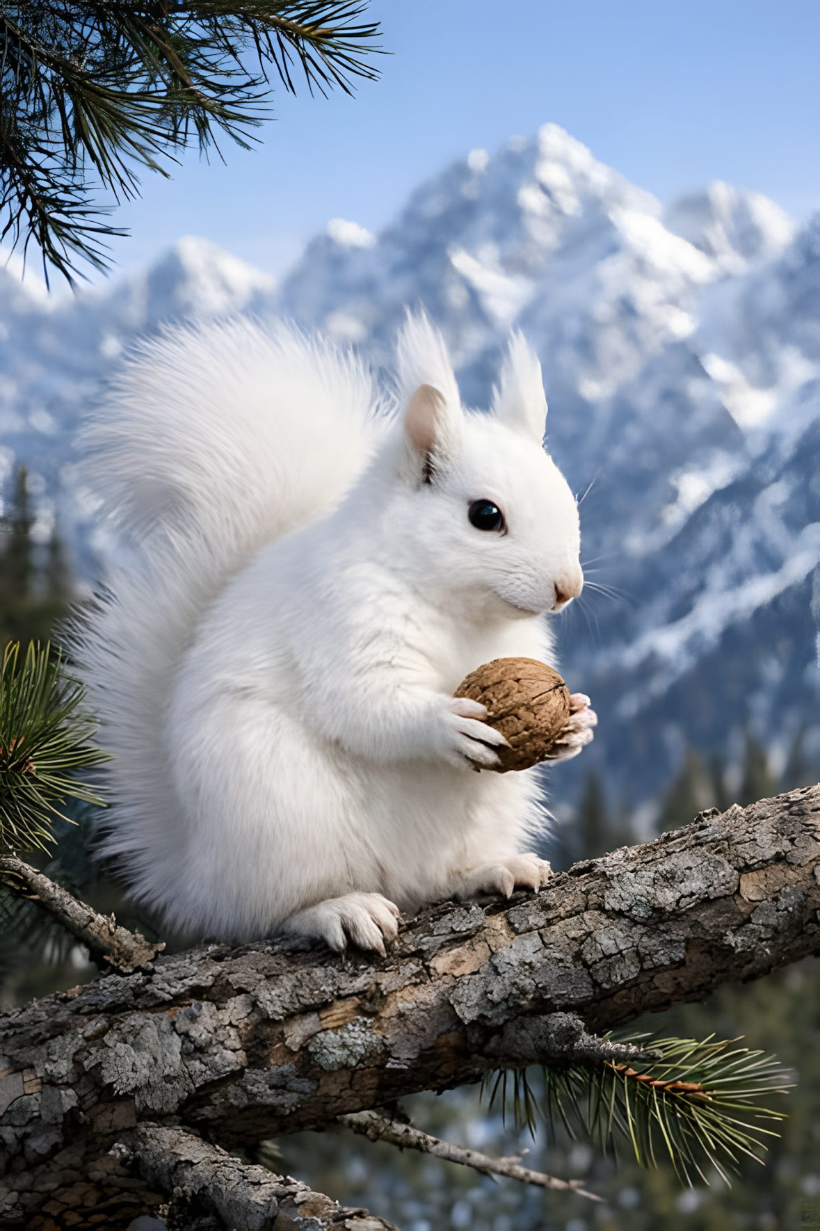 Weißes Eichhörnchen in den Bergen – märchenhaftes KI-Tiermotiv als digitaler Download