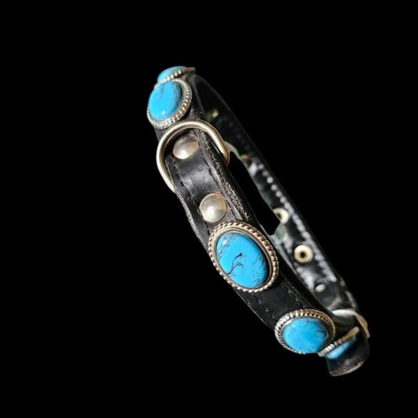 Hundehalsband, schwarz, türkisfarbenen Cabochons (HH 03)