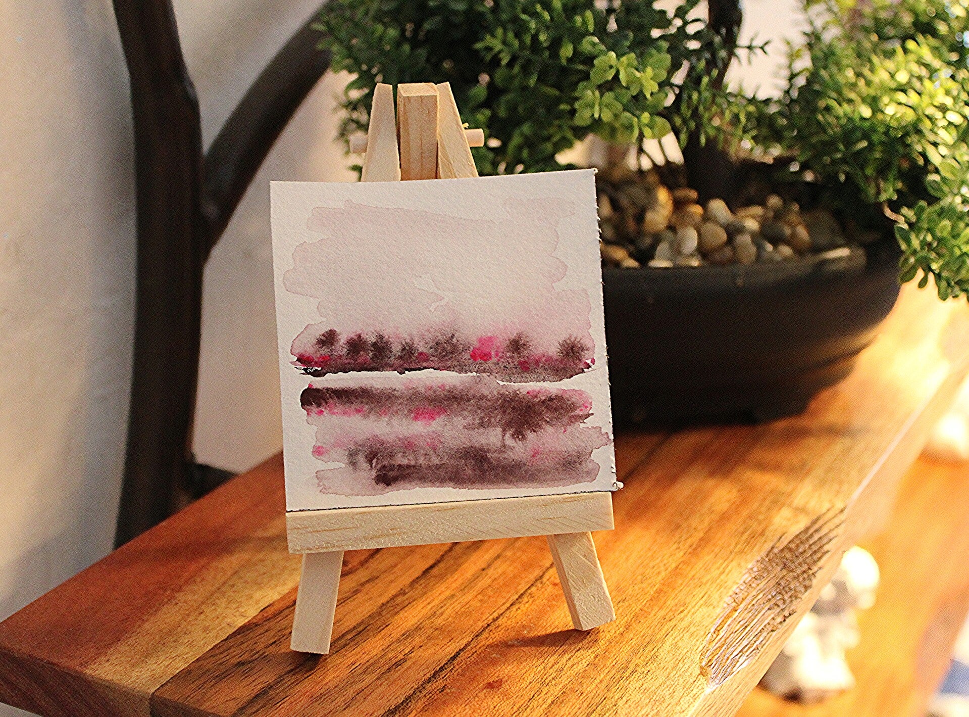 Mini Aquarell Bild, 7x7 cm, Caput mortuum/Pink, Unikat