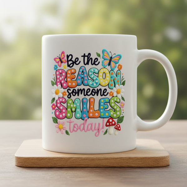Be the Reason Someone Smiles Today Mug Bright Blue with Floral and Butterfly Design 11oz Perfect for Daily Use in Various Colour Backgrounds