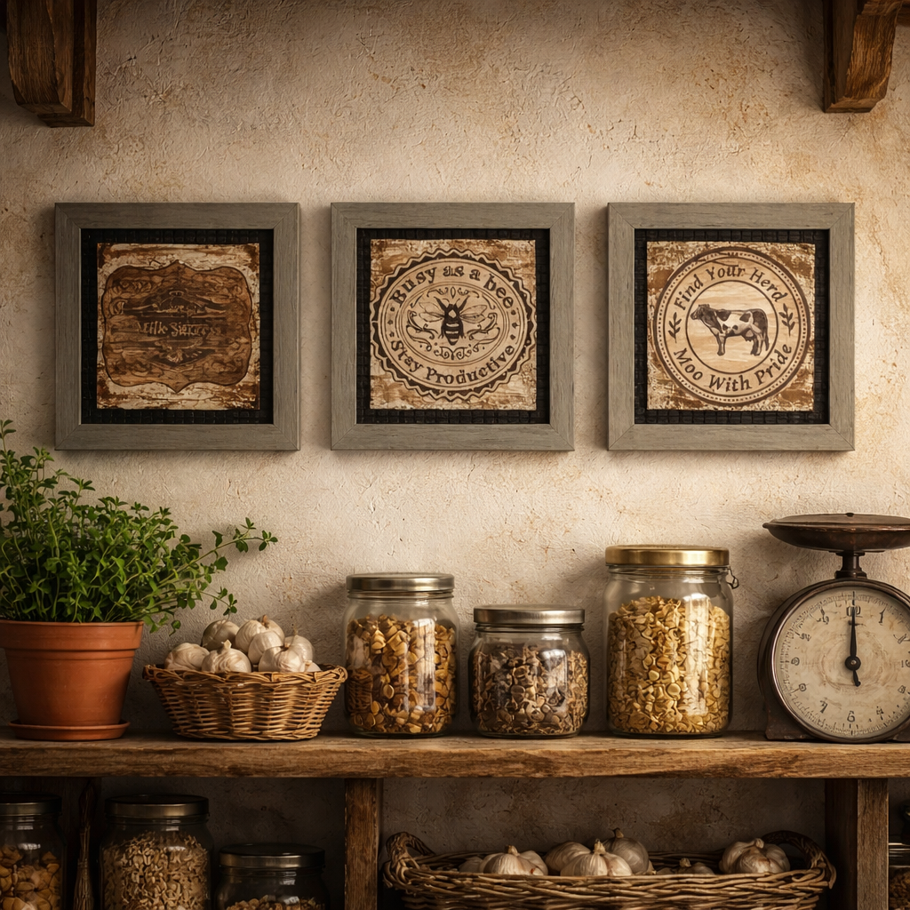 Wandset "Rustiek"  - Set van 3 vintage keukenprints in lijst