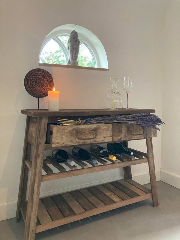 Houten sidetable/wijntafel gemaakt van sloophout - 90x36x80 cm