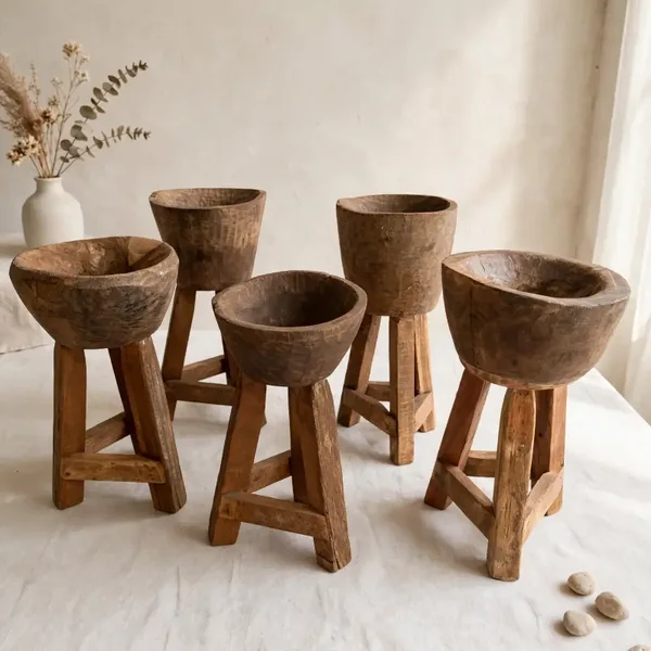 Oude houten vijzel op pootjes - stoer & uniek