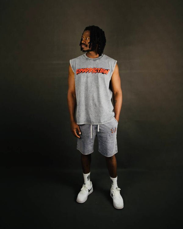 GymAddictLion® Stay Addicted Washed Tank Top – Grey