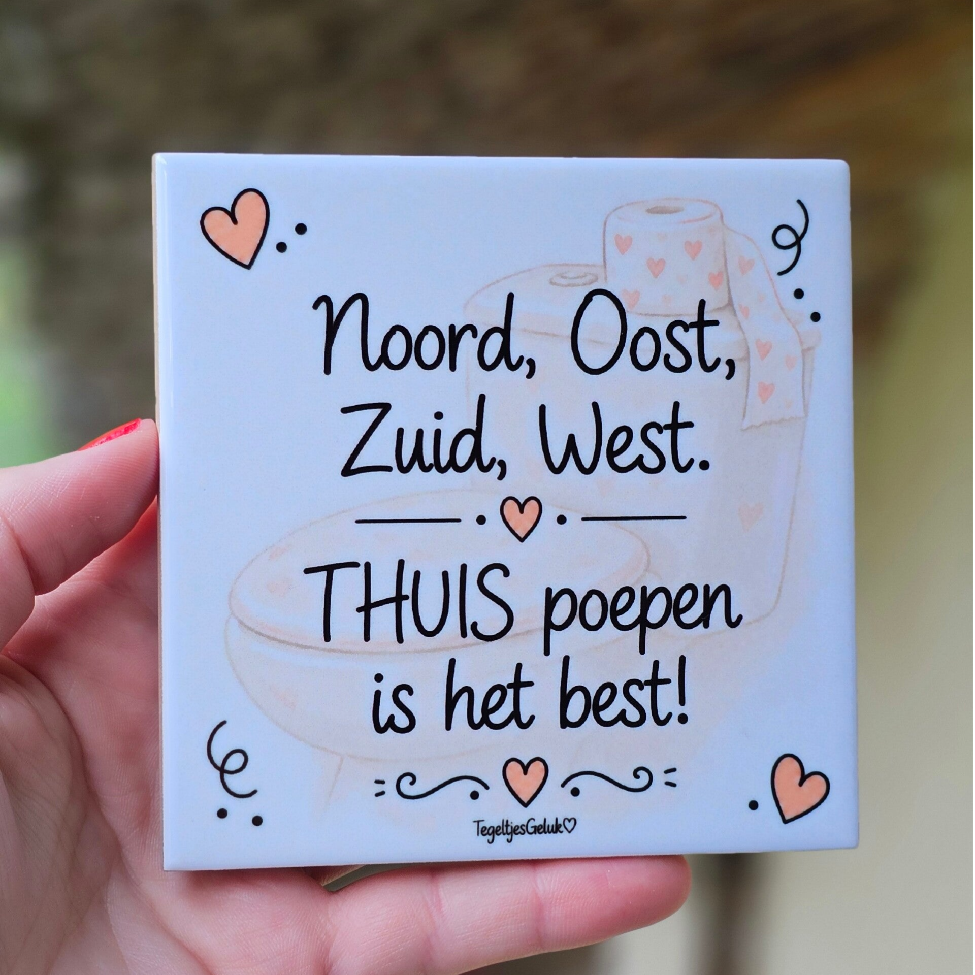 Grappig WC tegeltje - Noord, Oost, Zuid, West, Thuis poepen is het best