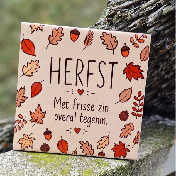 Spreuk tegeltje herfst - Met frisse zin overal tegen in