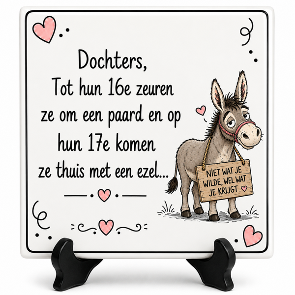 Grappig tegeltje - Dochters tot een 16e zeuren ze om een paard..