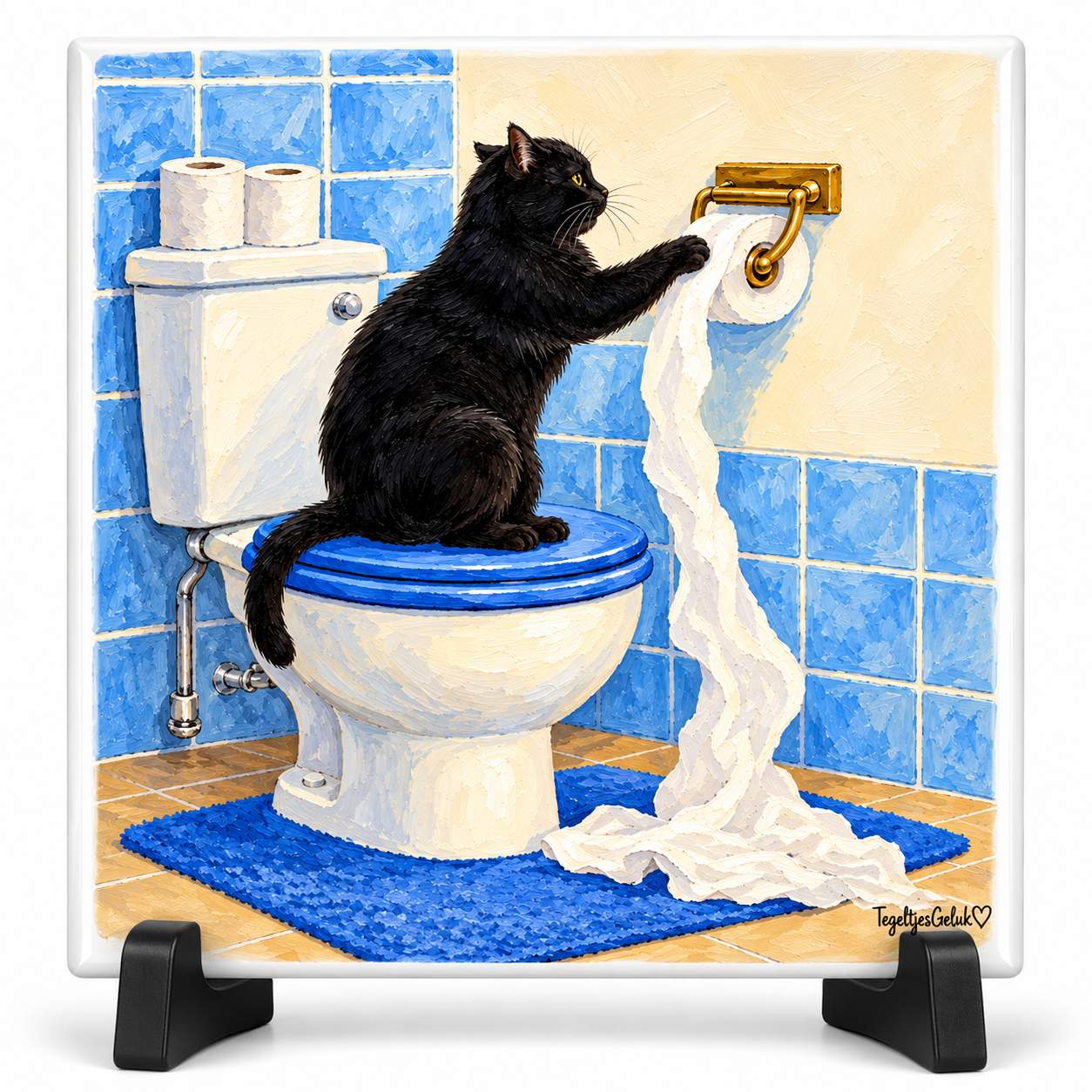 Huisdieren tegeltje - Zwarte kat op toilet