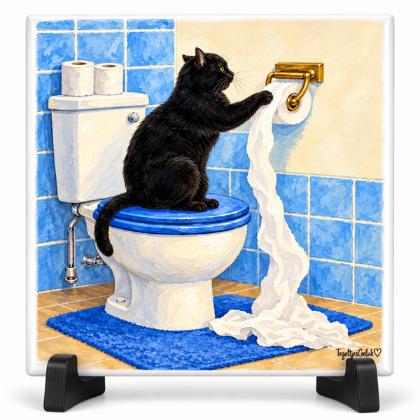 Huisdieren tegeltje - Zwarte kat op toilet