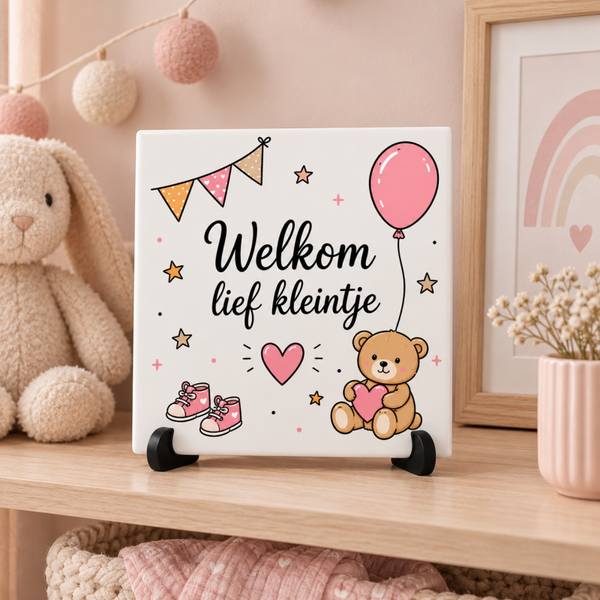 Welkom lief kleintje (roze) - tegeltje