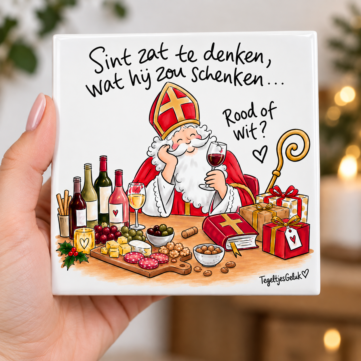 Grappig tegeltje - Sinterklaas | Wijntje rood of wit