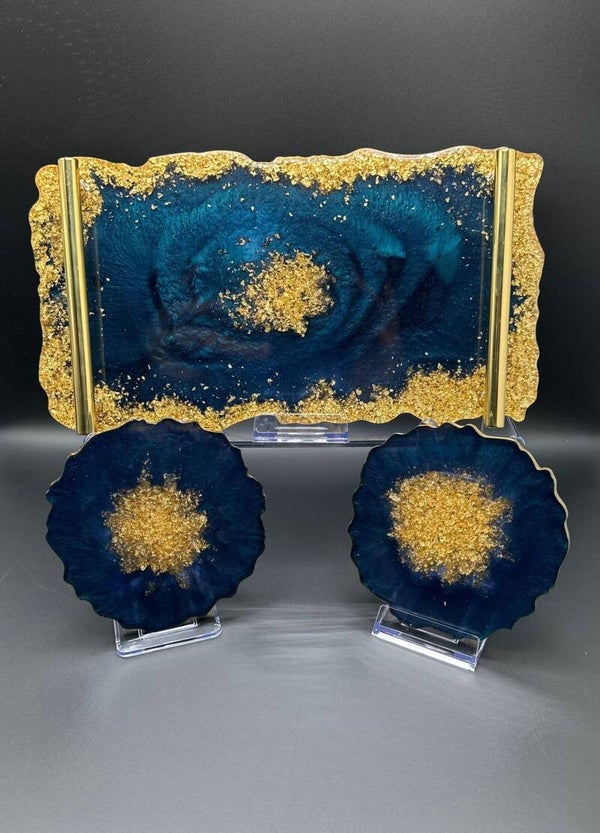 Gold & Blue Resin Tray and 4 Coasters.