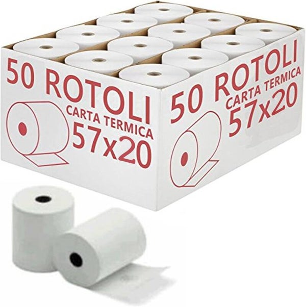 50 ROTOLI CARTA TERMICA 57 x 20 x 12 POS REGISTRATORE DI CASSA ALTA QUALITA'