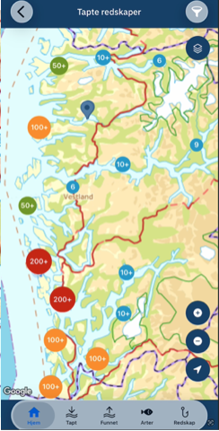 Antall tapt fiskeredskaper som er rapportert tapt i appen Fritidsfiske i Vestland.
