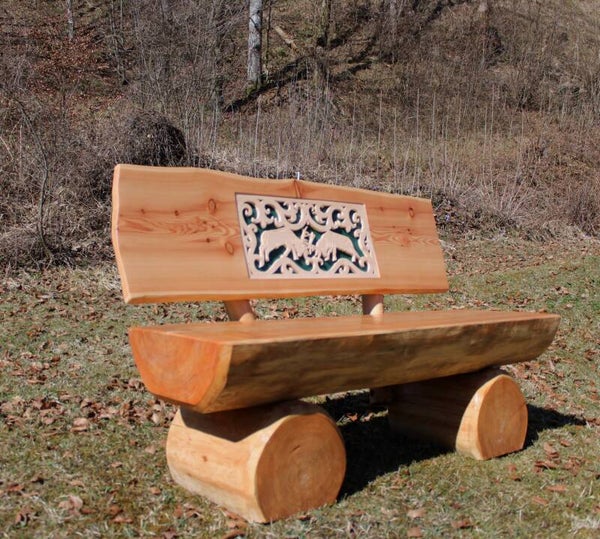 Holzbank Lärche 140cm massiv rustikal Hirsch Ornament Gartenbank Unikat