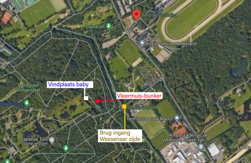 Vindplaats babylijkje van Robin van Clingendael nabij Wassenaar Den Haag