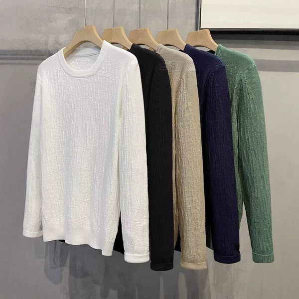 Mens New SpringAutumn Solid-Color Crew-Neck Jacquard Base Sweater