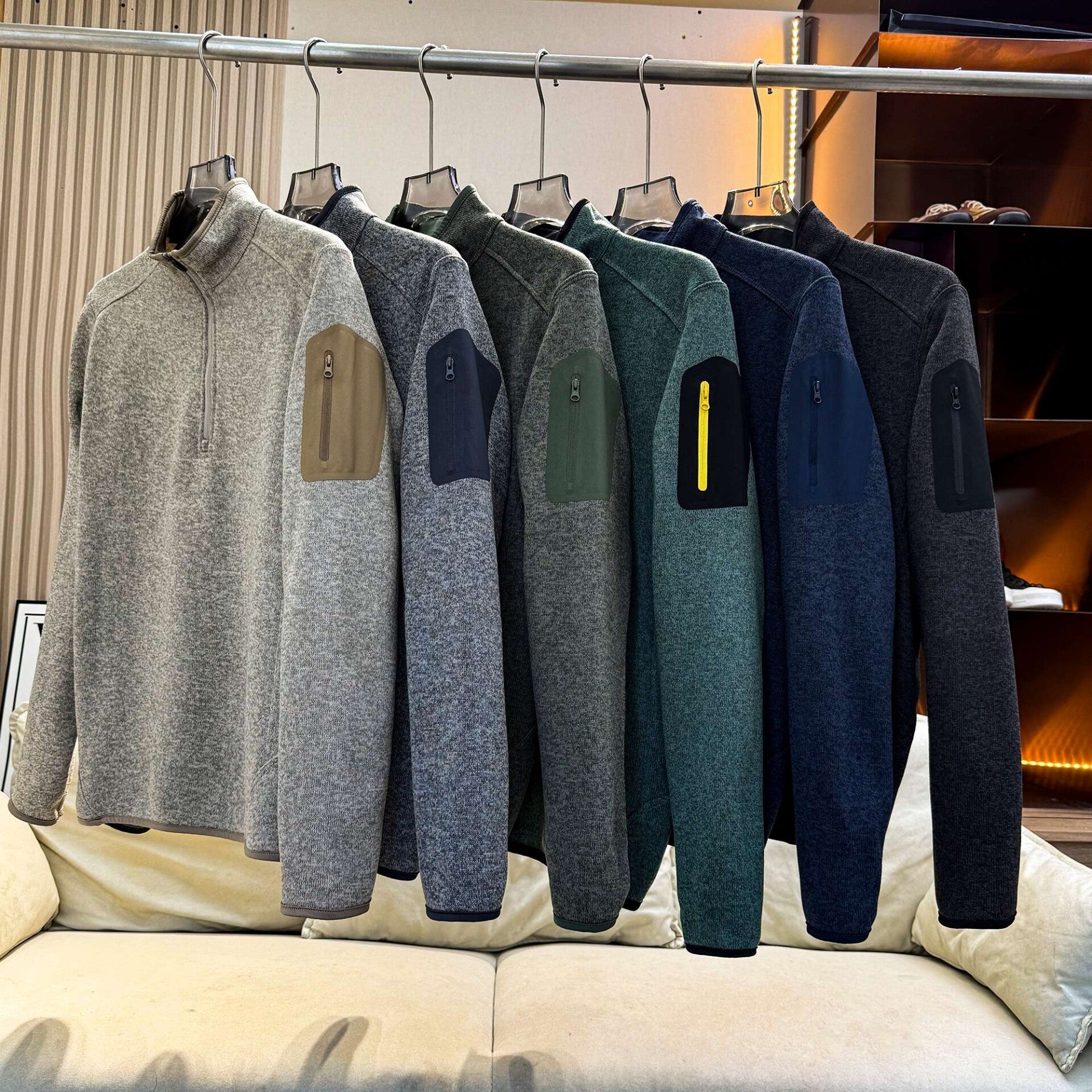 Men Quarter Zip Knit Fleece Pullover, Stand Collar Long Sleeve Sweater Jacket, Arm Zip Pocket, Warm Mid Layer For Hiking Camping Urban Daily Wear