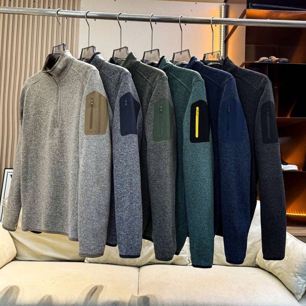 Men Quarter Zip Knit Fleece Pullover, Stand Collar Long Sleeve Sweater Jacket, Arm Zip Pocket, Warm Mid Layer For Hiking Camping Urban Daily Wear