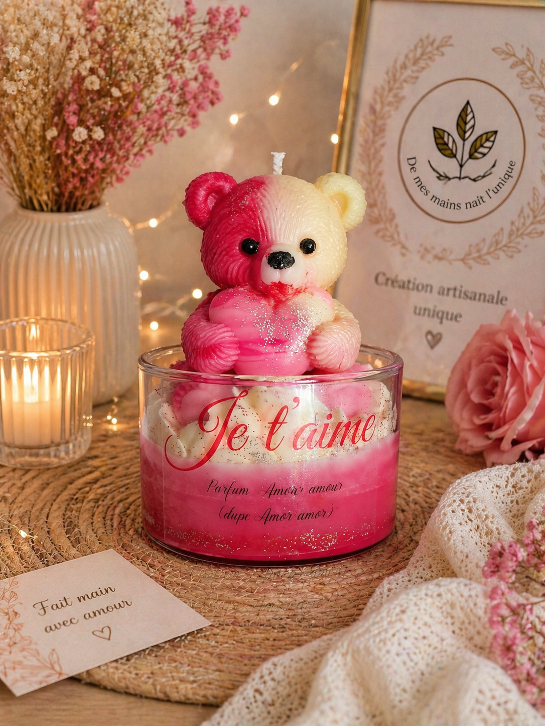 ✨ Bougie ourson “Amour amour” – Création artisanale ✨