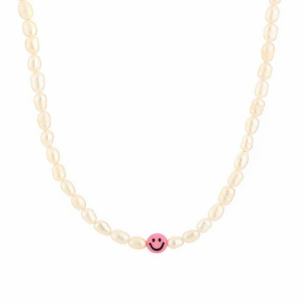 Pink smiley pearl necklace goud!