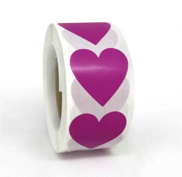 Donker roze hartjes sluitstickers! Op rol (500 stuks)