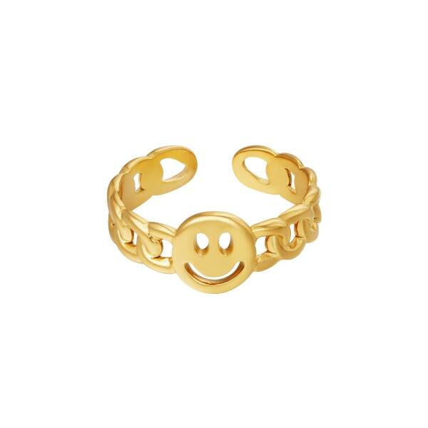 Smiley chained ring goud!
