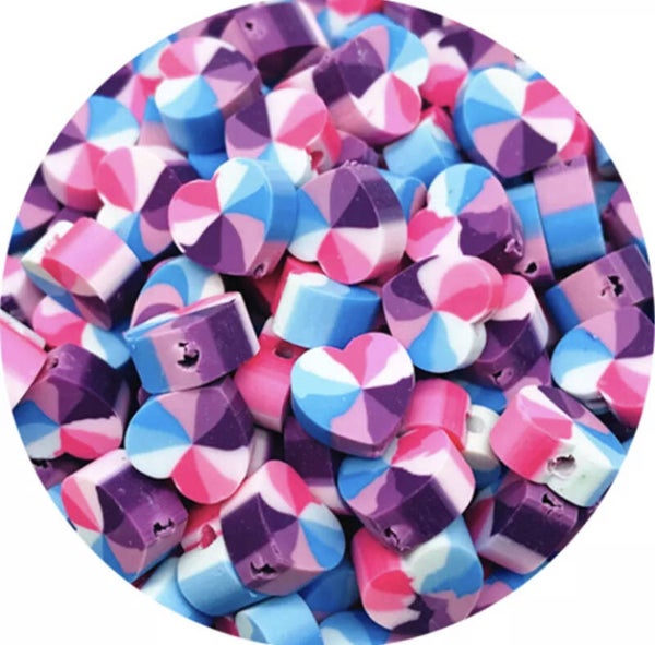 Polymeer kraal hartje blauw-roze-paars - 1 stuk