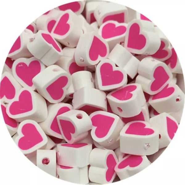 Polymeer kraal hartje wit-pastelroze! (1 stuk)