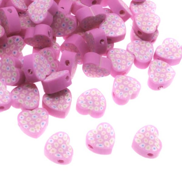 Polymeer kraal roze hartje met bloemetjes patroontje! (1 stuk)