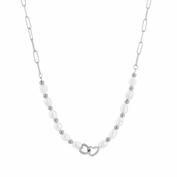 Connected hearts pearl necklace zilver!