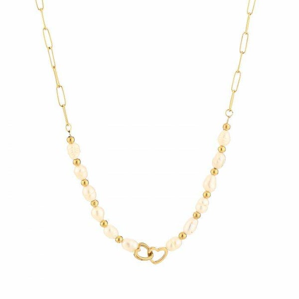 Connected hearts pearl necklace goud!