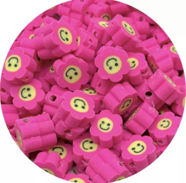 Polymeer bloem smiley kraal felroze - 1 stuk