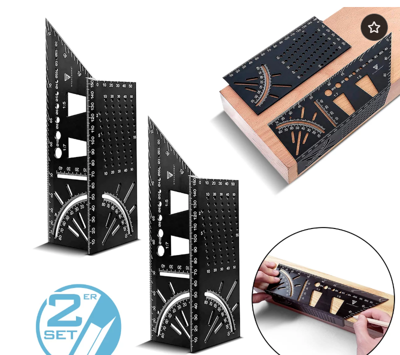 STAHLWERK Set de 2 règles pour équerre à onglet avec butée et gabarit de perçage Equerre 3D | Equerre de charpentier | Equerre en aluminium | Mètre à onglet | Rapporteur pour mesurer, tracer
