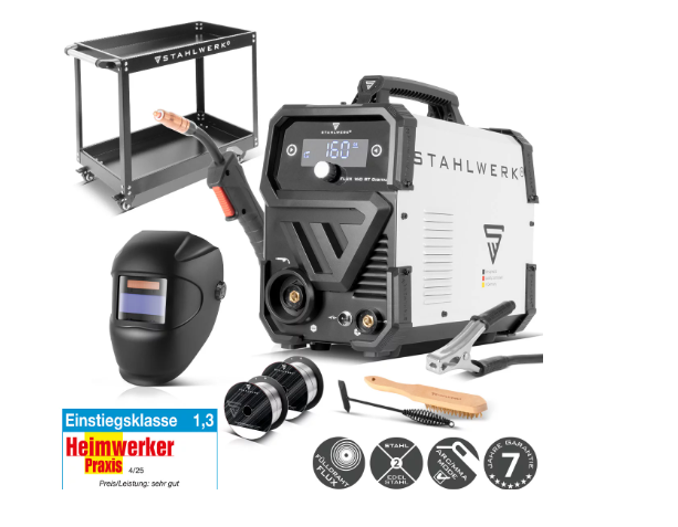 Poste à souder FLUX - STAHLWERK Machine à souder FLUX 160 ST Digital avec 160 A | Équipement complet | Casque de soudure | Tramway d’équipement | Fil de soudure | Alimentateur de fil synergique | Lift-TIG | Fonction ARC/MMA | Soudage sans gaz de blindage