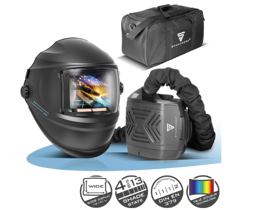 CASQUE DE SOUDURE AUTOMATIQUE STAHLWERK 3-EN-1 AIR BOOSTER | Casque de soudure avec alimentation en air frais | Système PAPR | Reproduction des couleurs vraies | Mémoire du métier | Assombrir DIN 4 vers DIN 13 | Classe optique 1/1/1/2