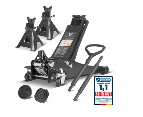 Kit de crics et de chandelles | Capacité de charge de 3 t | Cric hydraulique de manœuvre et 2 chandelles réglables en hauteur | Cric de voiture avec piston à double course pour voitures, SUV & camionnettes