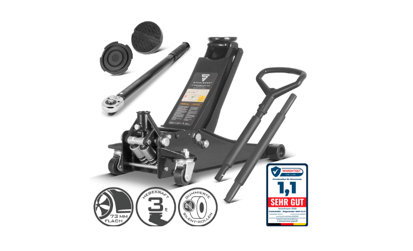 Kit de changement de pneus Cric WHB-73 ST avec capacité de charge de 3 t | Roulettes caoutchoutées Long-Life-Silent | Piston à double course et plage de course de 73-500 mm | Clé dynamométrique TW-210 ST avec 28-210 Nm