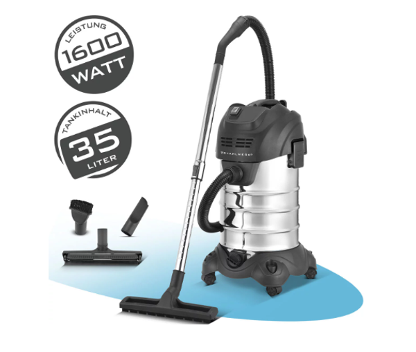 Aspirateur eau et poussière VCL-1600 ST | Aspirateur industriel 1600 W avec cuve en acier inoxydable de 35 l | Fonction de soufflage et arrêt de sécurité | Vaste gamme d'accessoires | Aspirateur d'atelier robuste
