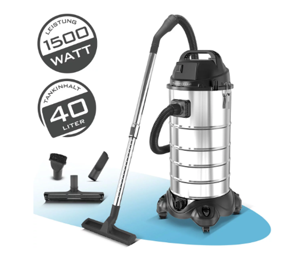 Aspirateur eau et poussière VCL-1500 ST | Aspirateur industriel 1500 W avec cuve en acier inoxydable de 40 l | Fonction de soufflage et arrêt de sécurité | Vaste gamme d'accessoires | Aspirateur d'atelier robuste