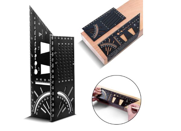 STAHLWERK 1 règle pour équerre à onglet avec butée et gabarit de perçage Equerre 3D | Equerre de charpentier | Equerre en aluminium | Mètre à onglet | Rapporteur pour mesurer, tracer
