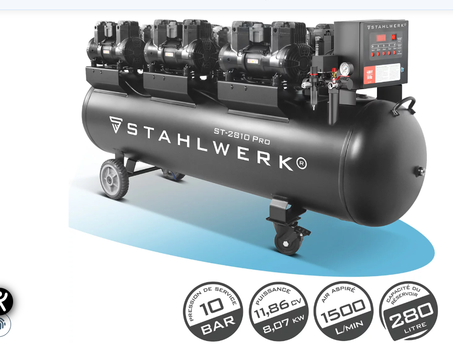 Compresseur STAHLWERK ST-10 BAR 11 CV, 8.70 KW , 1500 l/min ,280 L