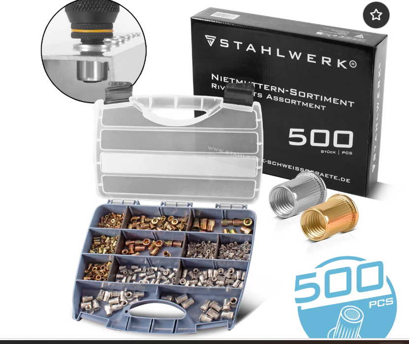 STAHLWERK Jeu d'écrous à river pour pince à écrous à river 500 pièces | Rivets filetés de haute qualité en aluminium et en acier dans un coffret pratique |Tige filetée interchangeable