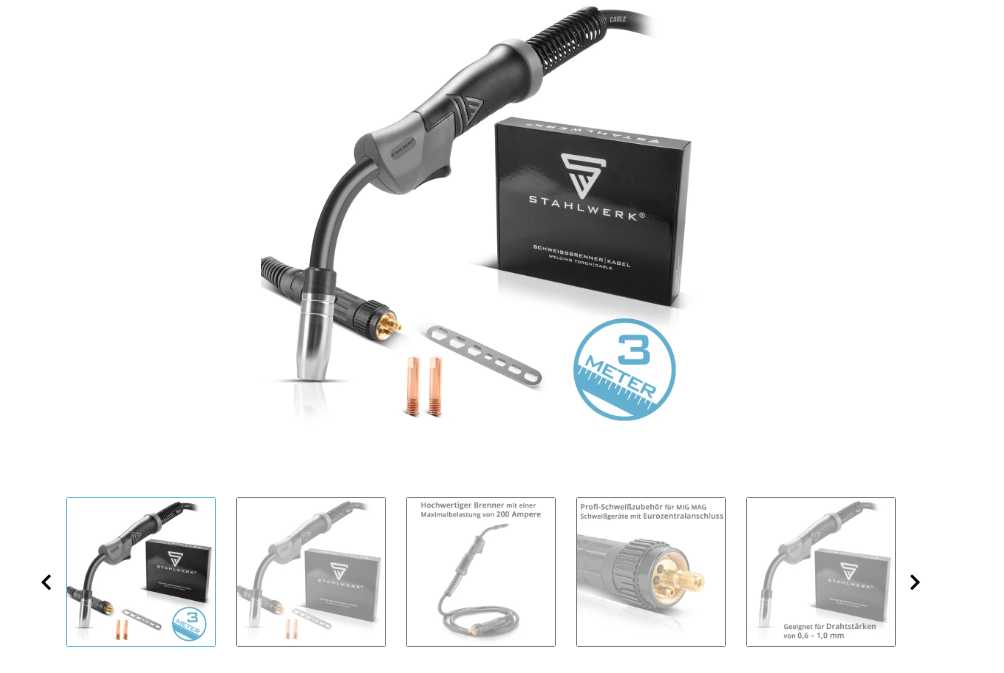 STAHLWERK AK15 | MB15 Torche de soudage avec 3 m de flexible, accessoires de soudage professionnels pour postes à souder MIG MAG sous gaz protecteur avec raccord central européen