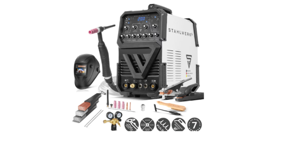 STAHLWERK AC/DC TIG 200 Puls ST Equipement complet | Poste à souder TIG de 200 ampères | Inverseur combiné TIG AC/DC et MMA/E-Hand | Mode 2T / 4T | Convient aux tôles fines | Mode AC pour l'aluminium