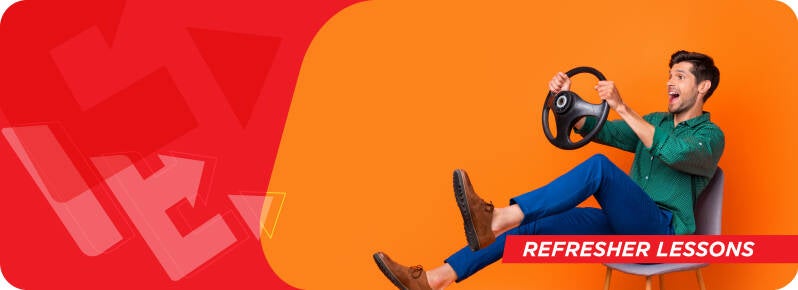 Branded Advert Banner with a man pretending to drive image to display Refresher Driving Lessons