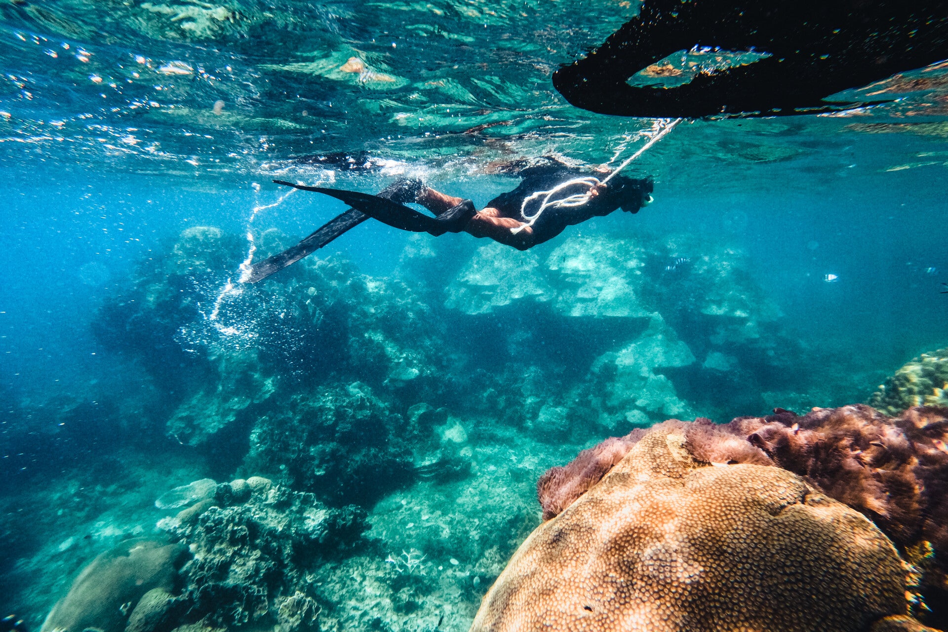 Guests snorkelling above a coral reef during a Zanzibar catamaran charter