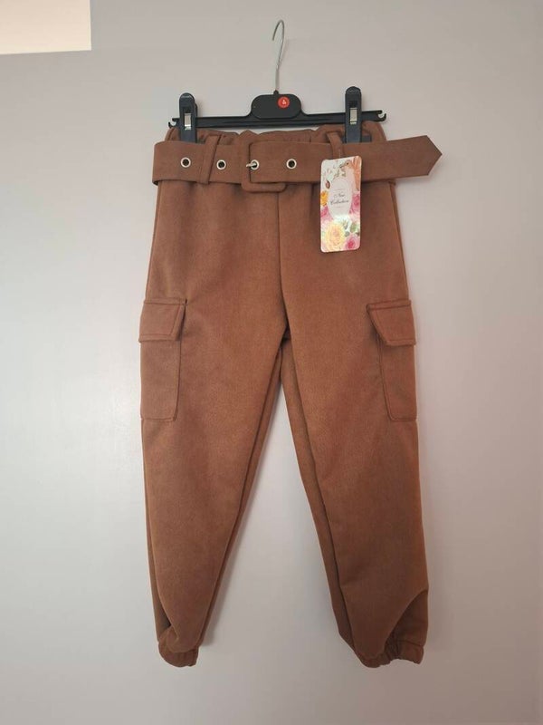 Suedine cargo broek camel