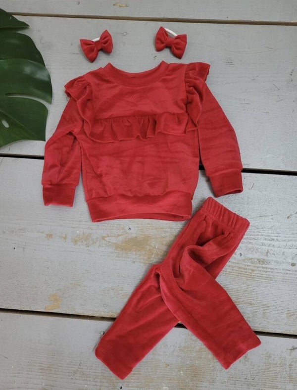 Velvet ruffle set rood